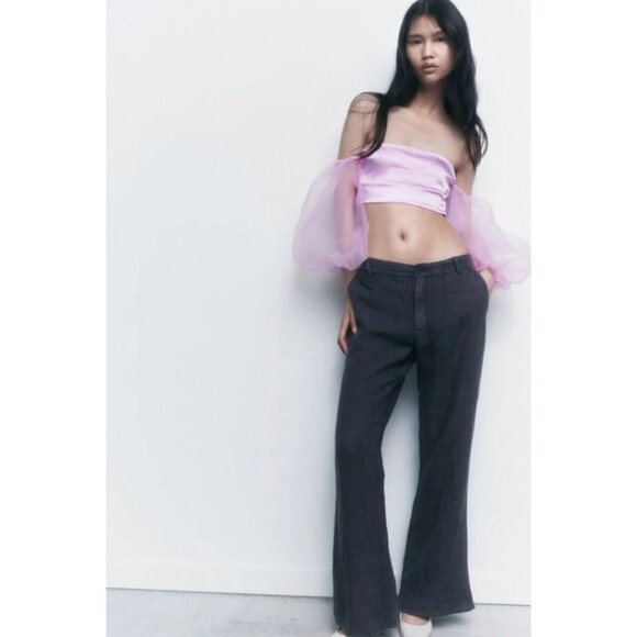 NWOT Zara bubblegum pink contrasting organza balloon sleeve crop top, L - Picture 4 of 12